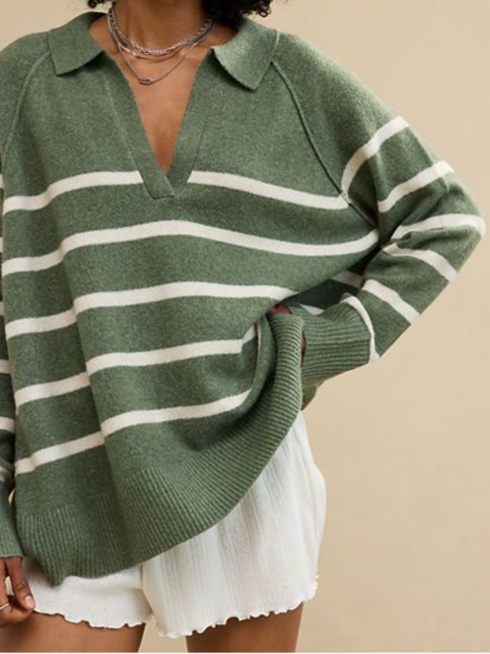Aerie Unreal Green White Striped Polo Sweater Medium